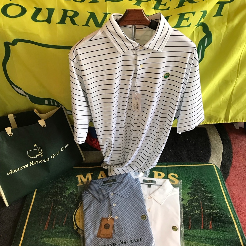 ANGC Member Pro Shop Fairway & Greene White Polo with Navy Stripes